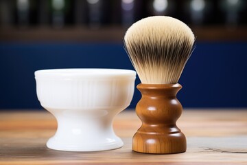 Fototapeta na wymiar lathering soap brush with foam over classic shaving bowl