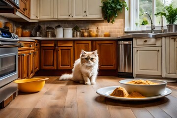 Craft an image that highlights the impatience of a cream Persian cat in a kitchen setting, with clear visibility of food bowls on the textured vinyl floor.