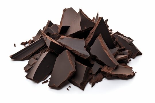 Pile Of Luscious Dark Chocolate Shards, On Isolated White Background, Generative AI