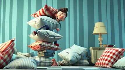 Cartoon scene A pillow construction worker carefully balances a tower of pillows on top of a shaky base while his fellow pillows cheer him on and jeer at the looming - obrazy, fototapety, plakaty