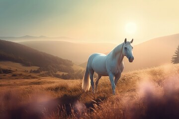 Obraz na płótnie Canvas Beautiful mystical horse on sunrise field view. Fabled stallion on enchanting hills nature. Generate ai