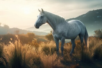 Obraz na płótnie Canvas Beautiful mystical horse on morning sunrise landscape. Fantastical scenic mythical creature in countryside nature. Generate ai
