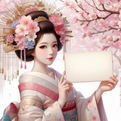 Young Asian girl with kimono dress holding blank sign with Generative AI.