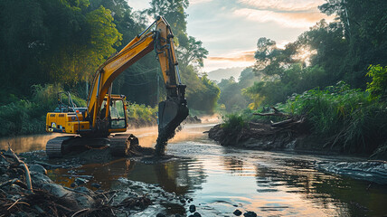 .A photograph of an close-up excavator dredging a riverbed - obrazy, fototapety, plakaty