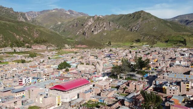 Colca Canyon, Peru: Aerial footage of the Chivay town in the in the Colca Canyon in the Andes mountains in Peru in south America 