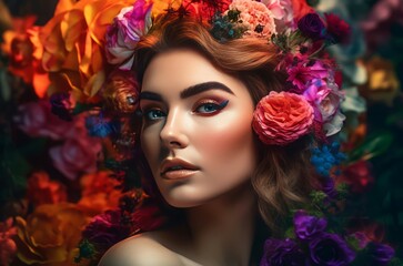 Fototapeta premium Beautiful woman with colorful makeup. Female model attractive blooming floral portrait. Generate ai
