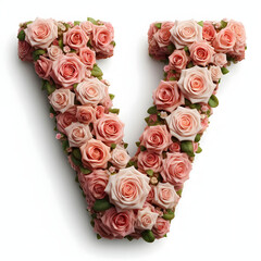 The letter V is made out of rose flowers, the Rose Alphabet, and Valentine Designs, on a White background, isolated on white, photorealistic	