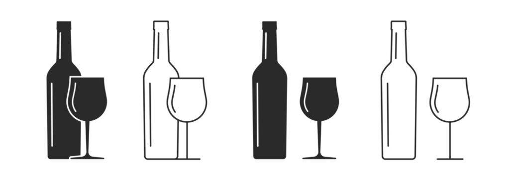 Wine bottle and glass icon vector graphic as alcohol drinks beverages sign simple pictogram black white flat glyph and line outline stroke linear art image clipart isolated shape silhouette design