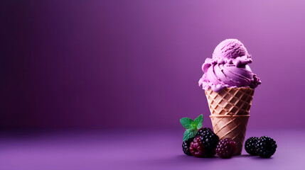 Blackberry ice cream with mint in waffle cone on purple background, copy space.