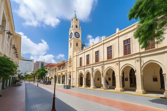 View of city or town hall in Santo Domingo, Dominican Republic along Calle Arzobispo Merino street. Generative AI
