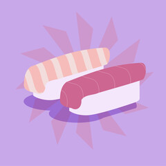 Pair of Sushi Pieces, Salmon and Maguro on Purple Background, Flat Style Illustration
