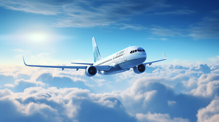 Fototapeta na wymiar Passenger plane flying above the clouds. Ai generate.