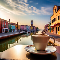 Fototapeta na wymiar Coffee Delights: Burano, Italy's Iconic Landmark against a Picturesque Background