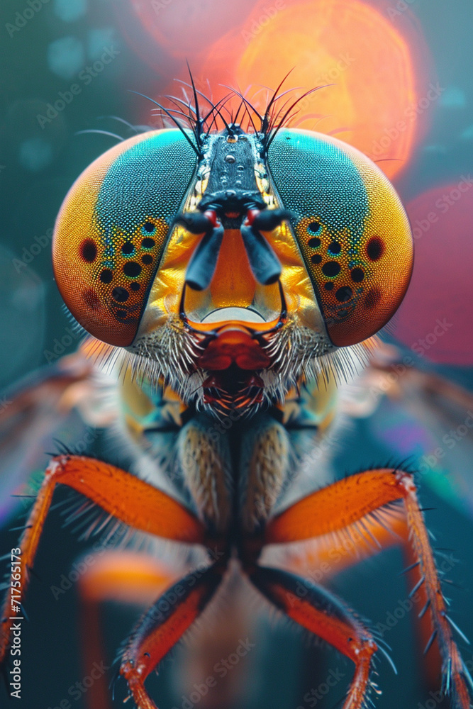 Poster an artistic interpretation of a fly's multifaceted eyes with vibrant colors.