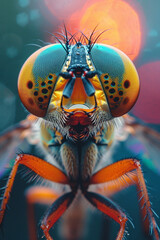 An artistic interpretation of a fly's multifaceted eyes with vibrant colors.