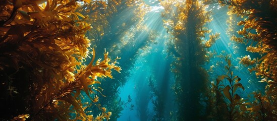 Fototapeta na wymiar Monterey Bay receives abundant sunlight through the kelp forest canopy, which is a crucial habitat that sustains rapid growth of giant kelp.