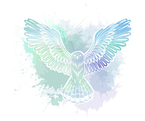 Vector illustration of a stylized bird with blue watercolor splatters on a white background. Painting of the silhouette of owl with dye sprays.