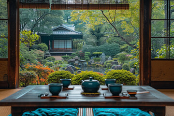 A traditional Japanese tea ceremony with a serene garden background.