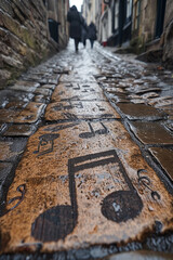 A cascade of musical note imprints flowing down a historic cobblestone street
