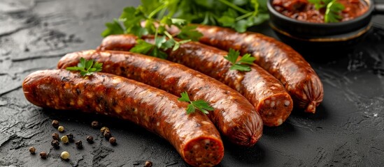 Tasty spiced and herbed mahan horse sausage, smoked or cured, on a dark concrete backdrop.