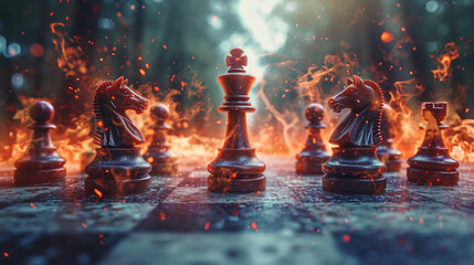 An intense chess game between two focused players, their hands hovering over the pieces with fiery determination. - obrazy, fototapety, plakaty