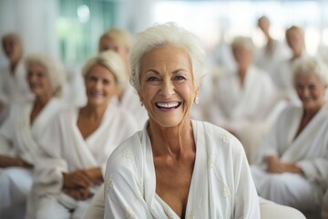 Senior women in spa wellness club, futuristic REJUVENATION medicine and therapy, eye skin mask