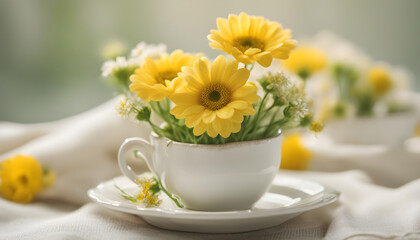 Summer yellow flowers in a small cute cup on saucer decorated with linen cloth