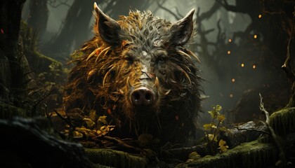 A wild boar in a dense forest - obrazy, fototapety, plakaty