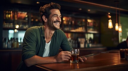 A handsome smiling man drinks beer, whiskey at the bar behind the bar counter. Rest after work, relaxation, alcoholic drinks, having fun concepts.