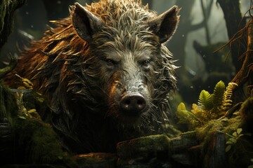 A wild boar in a dense forest
