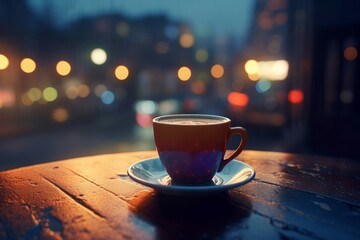 Obraz premium Coffee cup on table in nighttime street lights. Aromatic caffeine beverage with urban view. Generate ai