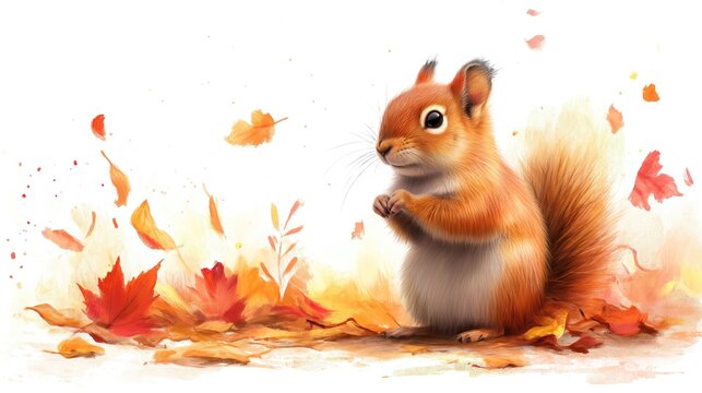 grungy noise texture art, cute squirrel in autumn forest, Generative Ai