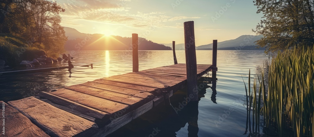 Poster landscape of a lake at sunset and with a wooden jetty. copy space image. place for adding text or de