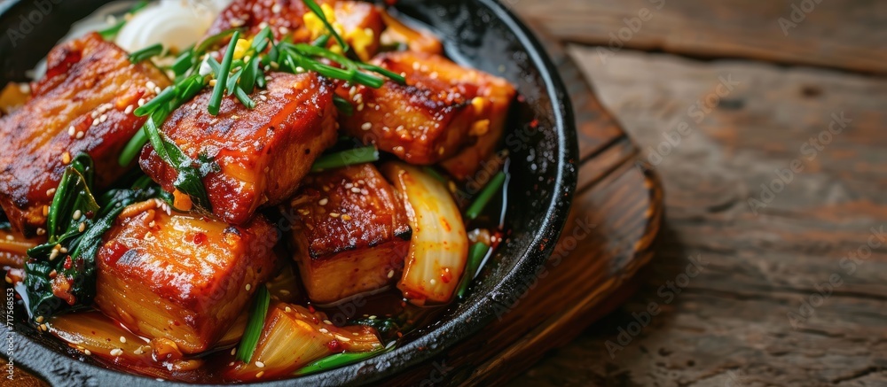 Aufkleber Homemade spicy pork belly cooked with kimchi spring onions onion and tofu Marinated with red chilli paste called gojuchang. Copy space image. Place for adding text or design