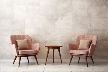 Modern living room interior with two beige armchairs