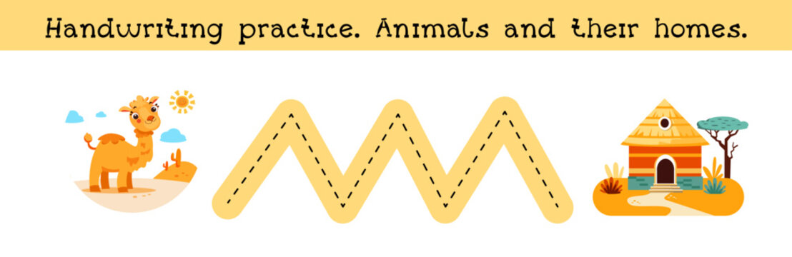 Handwriting practice. Animal and their home. Puzzle game for preschool children. Activity for kids. Cartoon vector illustration. 