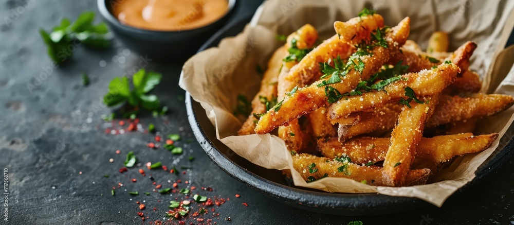 Poster Homemade Breaded Fried Avocado Fries with Chipotle Sauce. Copy space image. Place for adding text or design