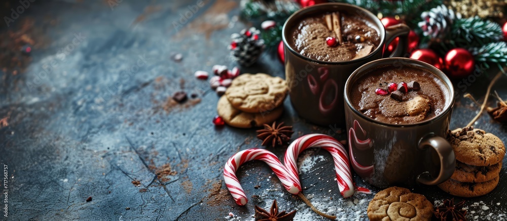 Poster Hot cocoa with candy canes and few cookies. Copy space image. Place for adding text or design