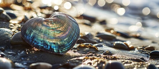 Heart shaped piece of natural nacre mother of pearl of Paua Perlemoen or Abalone shell found on Pacific Ocean beach. Copy space image. Place for adding text or design