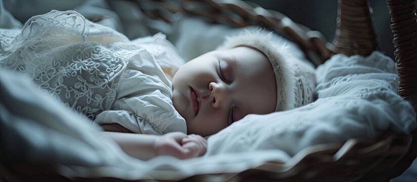 Newborn baby dressed in white clothes sleeps in the cradle. Copy space image. Place for adding text or design