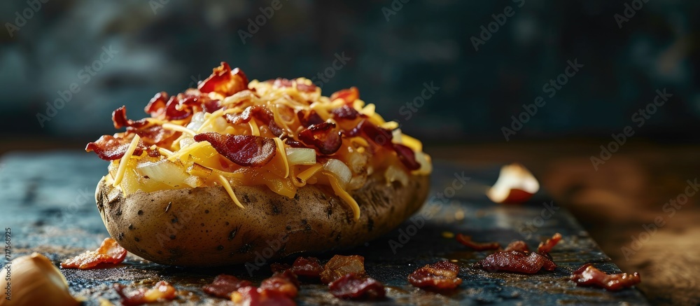 Poster hot baked potato topped with bacon green onions and cheddar cheese. copy space image. place for addi