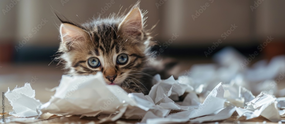 Poster Funny cat made a mess tore the paper Curious cat kitten mixed breed cat playing with paper Paper recycling. Copy space image. Place for adding text or design