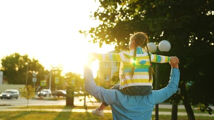 spending time together, walk kindergarten, superhero, little schoolgirl walk dad, father with small...