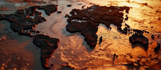 Oil Industry with a black drum barrel pouring and spilling out fossil fuel liquid crude as a map of the world as an energy concept of international commodities trading by the oil cartel
