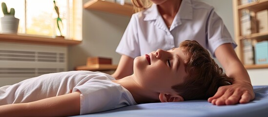 osteopath does physiological and emotional therapy for kid pediatric osteopathy treatment session alternative medicine taking care of the child s health. Copy space image - obrazy, fototapety, plakaty