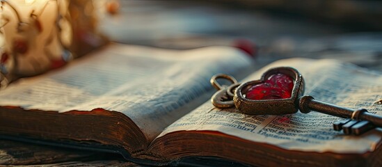 Heart shaped padlock with key on open book. Copy space image. Place for adding text or design