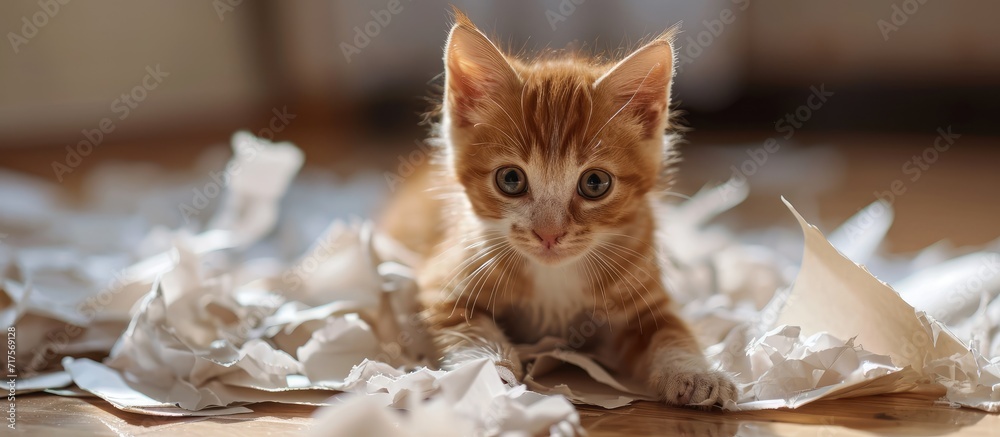 Poster Funny cat made a mess tore the paper Curious cat kitten mixed breed cat playing with paper Paper recycling. Copy space image. Place for adding text or design