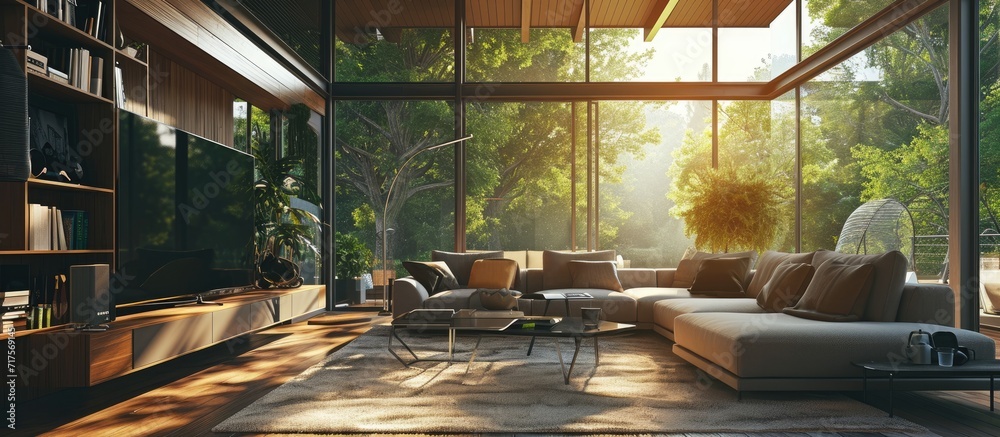 Poster living room with a corner sofa in front of a large tv and access to a cozy backyard in a modern hous