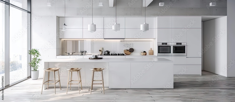Leinwandbilder interior kitchen and dining room with high end appliances table with setting white counter and cabin