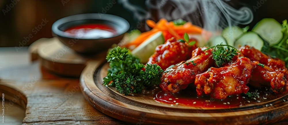 Poster hot and spicy bbq chicken wings with dip and hot sauce on wooden plate with steam smoke and vegetabl